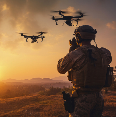 Soldier with Drones overhead